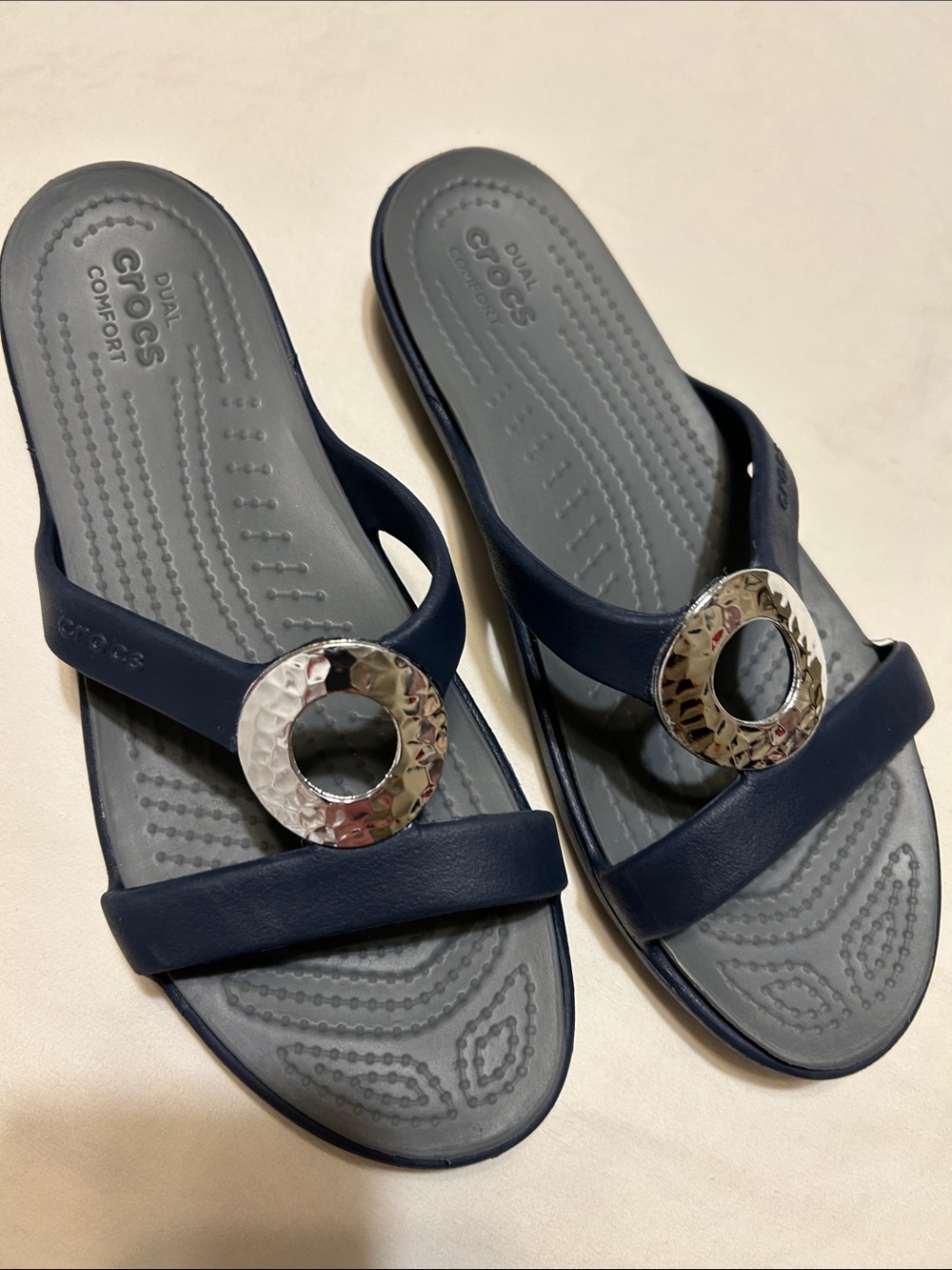 CROCS Women's Navy Slide Sandals with Silver Ring Accent